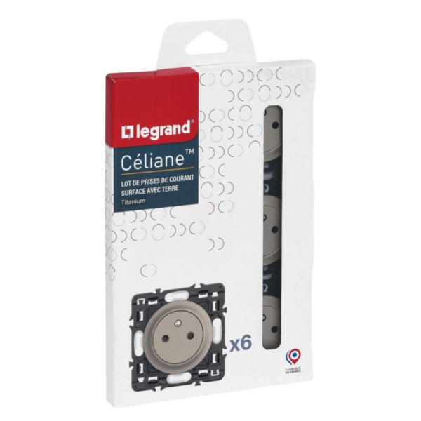 Lot de 6 prises de courant avec terre Céliane Surface Confort - Titanium avec supports, à équiper de plaques