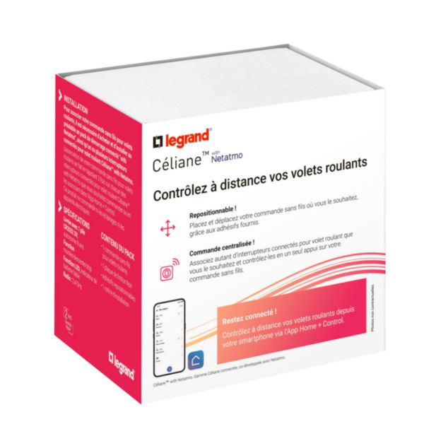 Commande sans fils pour interrupteur volets roulants et stores Céliane with Netatmo avec plaque - Noir