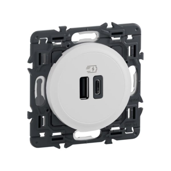 Prise double USB Céliane Type A+C 20W Power Delivery - Blanc avec support à équiper d'une plaque