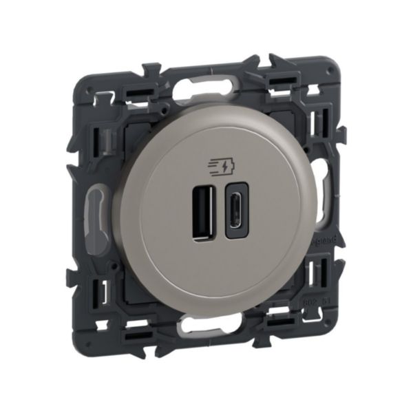 Prise double USB Céliane Type A+C - 20W Power Delivery - Titanium avec support, à équiper d'une plaque