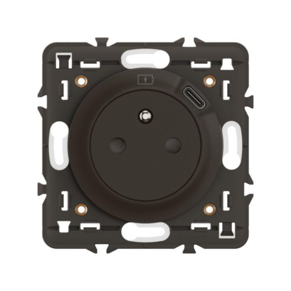 Prise de courant 2P+T Surface Confort avec prise USB Type-C intégrée Céliane - Noir avec support, à équiper d'une plaque