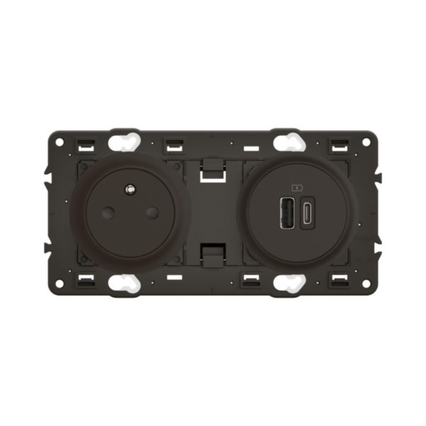Prise 2P+T Surface Confort Céliane et prise USB Type-A + Type-C 15W précâblées - Noir avec support, à équiper d'une plaque