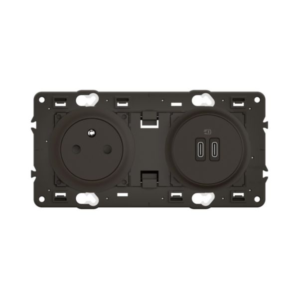 Prise 2P+T Surface Confort Céliane et double prise USB Type-C + Type-C précâblées - Noir avec support, à équiper d'une plaque