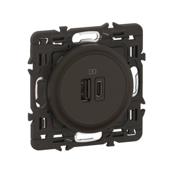 Prise double USB Céliane 15W Type-A + Type-C - Noir avec support, à équiper d'une plaque