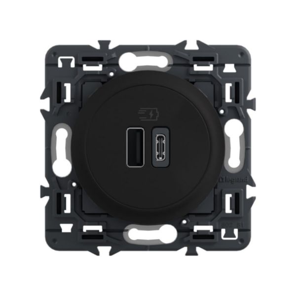 Prise double USB CélianeType A+C Céliane - 20W Power Delivery - Noir avec support, à équiper d'une plaque