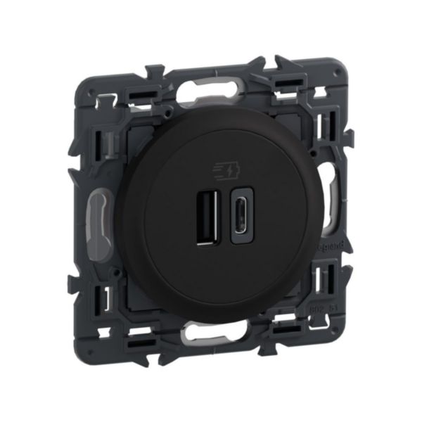 Prise double USB CélianeType A+C Céliane - 20W Power Delivery - Noir avec support, à équiper d'une plaque
