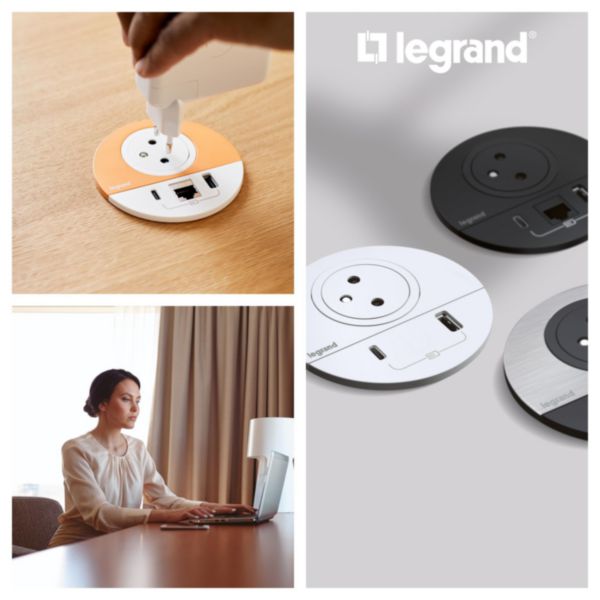 Incara Disq 80 prise 2P+T Surface , chargeur USB Type-A+C , RJ45 cordon 0,5m Wieland - noir avec couvercle Ø80mm