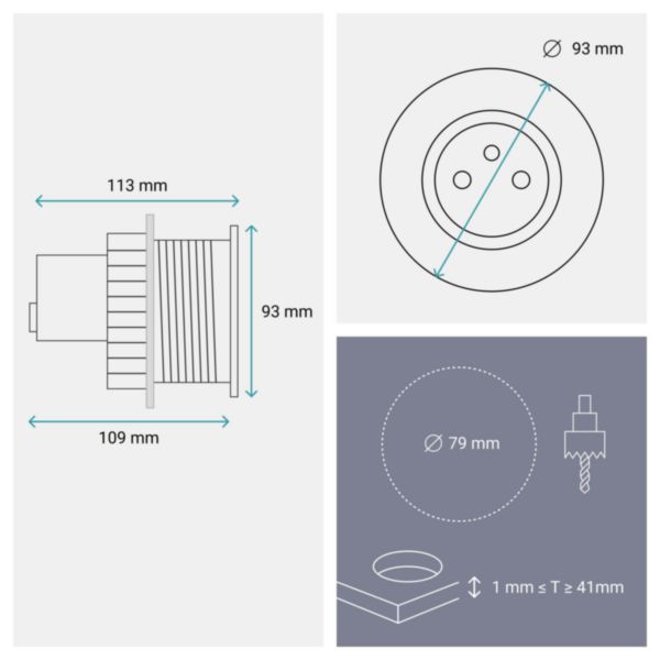 Incara Disq80 avec 1 prise F/B,1 USB A+C 15W et 1 cordon de 0,5m avec connecteur GST18 - métal et protégée par un couvercle métal