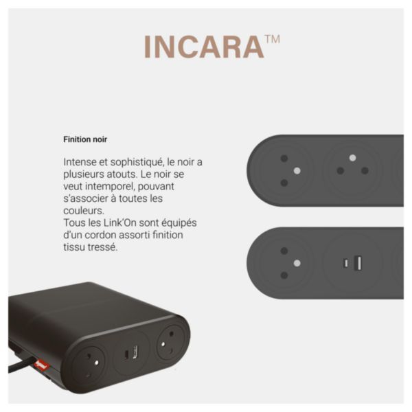 Incara Link'On rallonge mobile multiprises avec 4 prises 2P+T, 2 chargeurs USB Type-A+C noir avec cordon 2P+T et HDMI