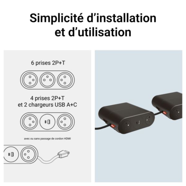 Incara Link'On rallonge mobile multiprises équipée de 6 prises 2P+T finition noir avec cordon 2,5m et fiche 2P+T