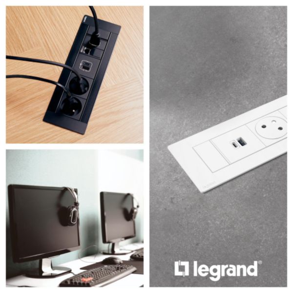 Incara Multilink version horizontal pour mobilier équipé de 2 prises 2P+T et 1 chargeur USB Type-A+Type-C - noir