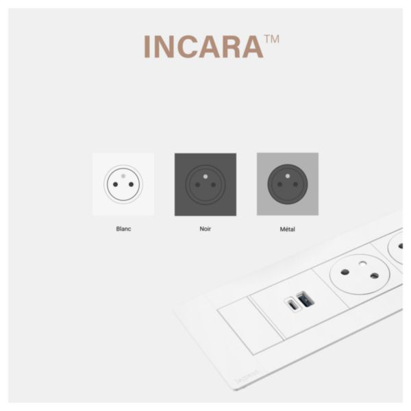 Incara Multilink version horizontal pour mobilier équipé de 2 prises 2P+T et 1 chargeur USB Type-A+Type-C - noir