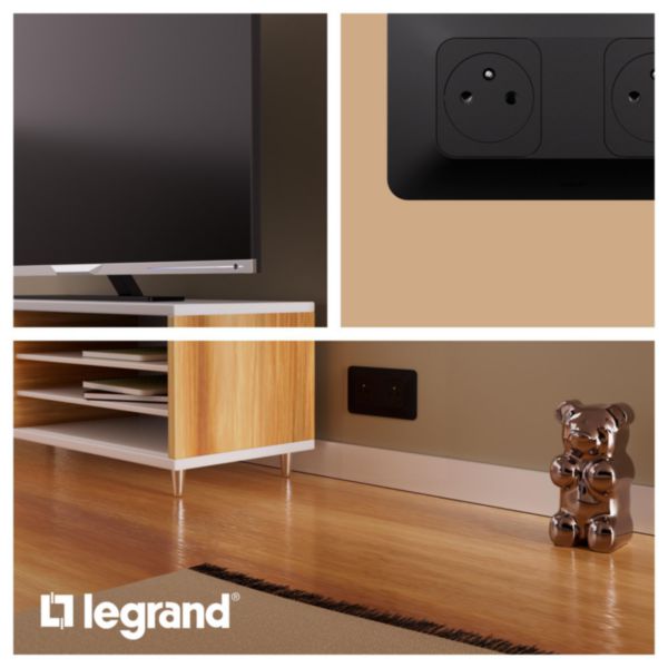 Double prise de courant avec terre Surface hori. Neptune 16A Bornes automatiques- Finition Noire