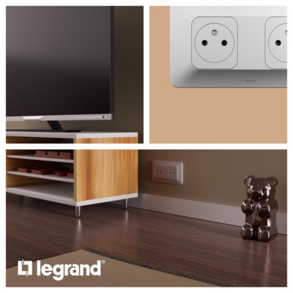 Double prise de courant avec terre Surface hori. Neptune 16A Bornes automatiques- Finition blanche