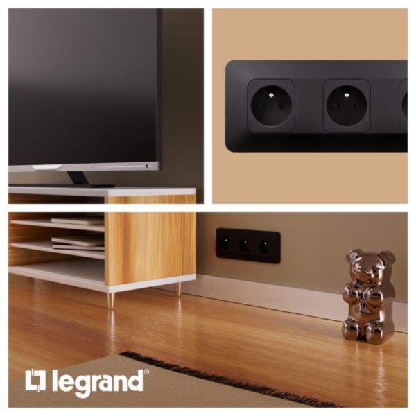 Triple prise de courant avec terre Surface hori. Neptune 16A Bornes automatiques- Finition Noire