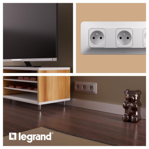 Triple prise de courant avec terre Surface hori. Neptune 16A Bornes automatiques- Finition blanche