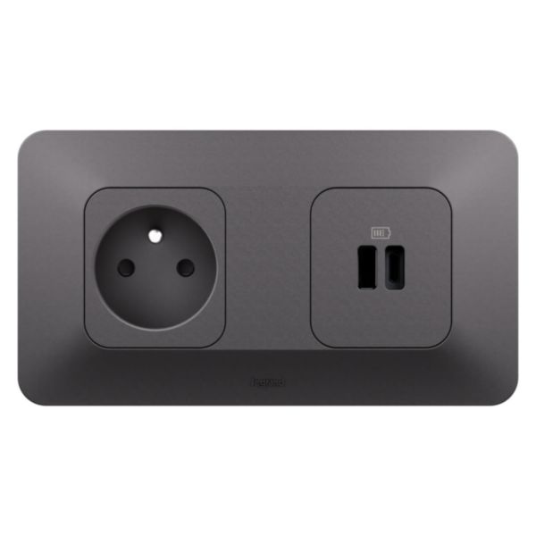 Prise de courant 2P+T + double prise USB Type A+C 15W Bornes automatiques - Finition Noire