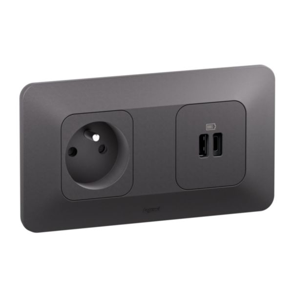 Prise de courant 2P+T + double prise USB Type A+C 15W Bornes automatiques - Finition Noire