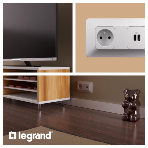 Prise de courant 2P+T + double prise USB Type A+C 15W Bornes automatiques- Finition blanche