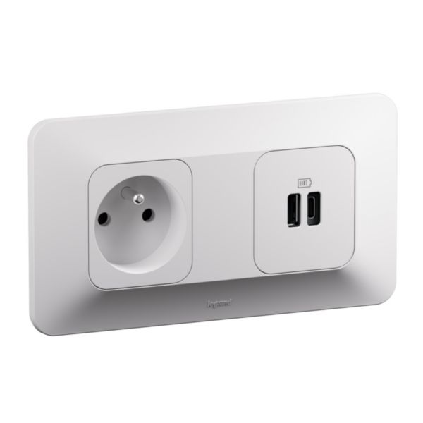 Prise de courant 2P+T + double prise USB Type A+C 15W Bornes automatiques- Finition blanche