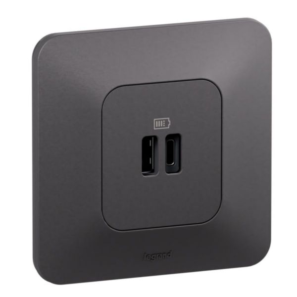 Prise double USB Neptune Type-A+C 3A 15W Bornes automatiques - Finition Noire