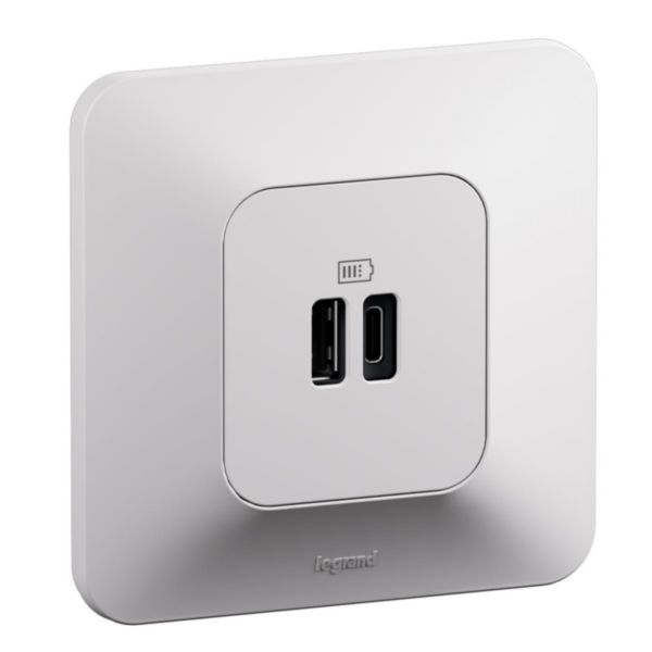 Prise double USB Neptune Type-A+C 3A 15W Bornes automatiques - Finition blanche