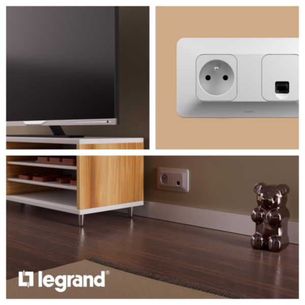 Prise de courant 2P+T + prise RJ45 catégorie 6 FTP Neptune Bornes automatiques- Finition blanche