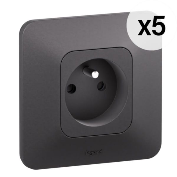 Lot de 5 prises de courant avec terre 2P+T Neptune 16A Bornes automatiques- Finition Noire