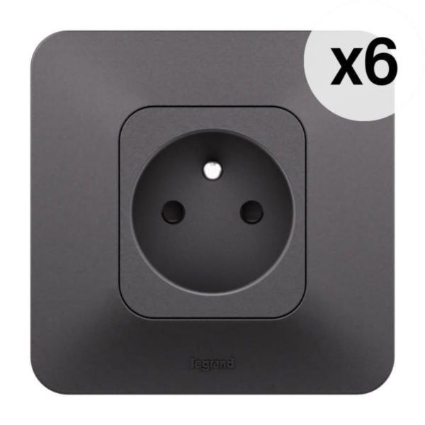 Lot de 6 prises de courant avec terre 2P+T Neptune 16A Bornes automatiques- Finition Noire
