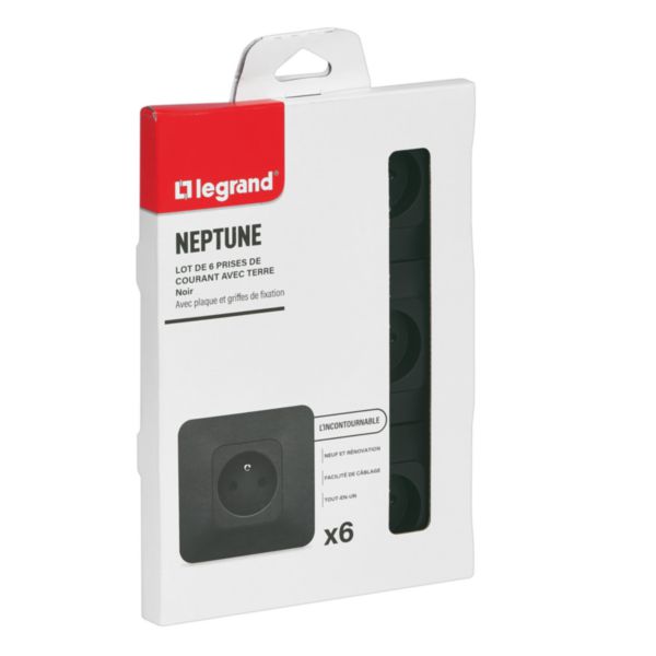 Lot de 6 prises de courant avec terre 2P+T Neptune 16A Bornes automatiques- Finition Noire