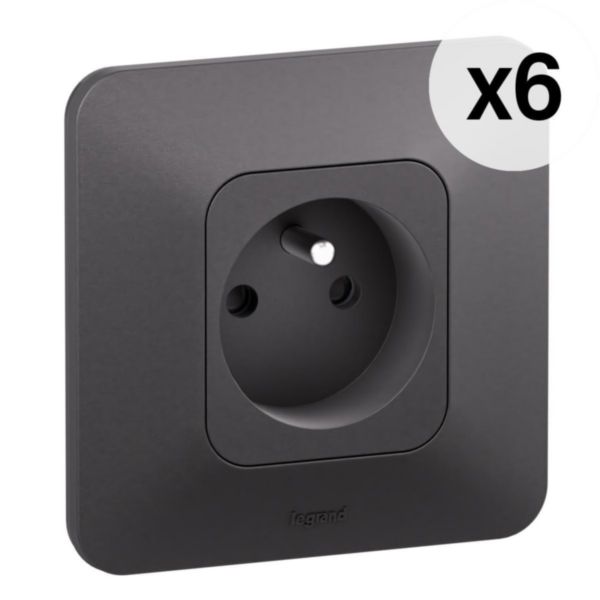 Lot de 6 prises de courant avec terre 2P+T Neptune 16A Bornes automatiques- Finition Noire