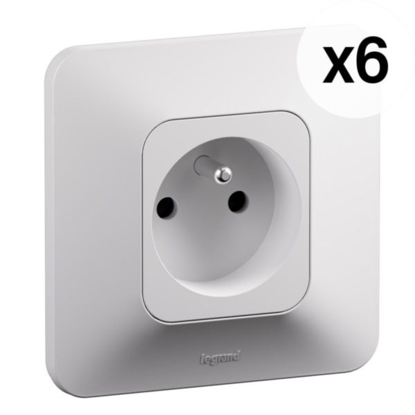 Lot de 6 prises de courant avec terre 2P+T Neptune 16A Bornes automatiques- Finition blanche