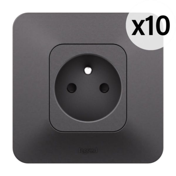 Lot de 10 prises de courant avec terre 2P+T Neptune 16A Bornes automatiques- Finition Noire