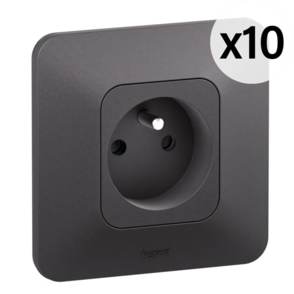 Lot de 10 prises de courant avec terre 2P+T Neptune 16A Bornes automatiques- Finition Noire