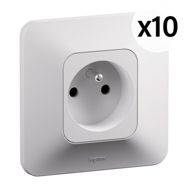 Lot de 10 prises de courant avec terre 2P+T Neptune 16A Bornes automatiques- Finition blanche