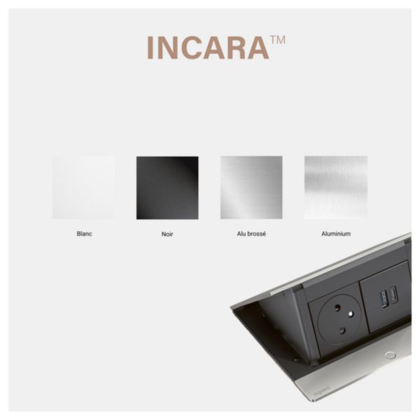 Incara Pop-up équipé de 1 prise 2P+T Surface et d'1 chargeur USB Type-C 30W Power Delivery et cordon - 4 modules Alu brossé