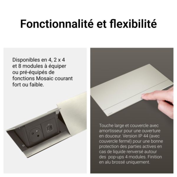 Incara Pop-up équipé de 1 prise 2P+T Surface et 1 chargeur USB Type-A+Type-C 15W avec cordon - 4 modules Alu brossé