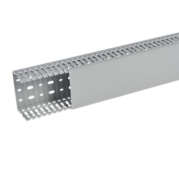 Goulotte de câblage 100x60mm - Fond + couvercle 2m - Découpe latérale - Sécabilité rapide à la main ou à la pince coupante - PVC Gris