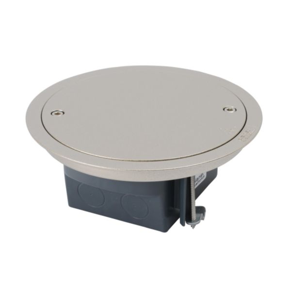 Boîte de sol ronde étanche avec couvercle amovible avec cadre supports d'appareillages 4 modules. Finition Inox