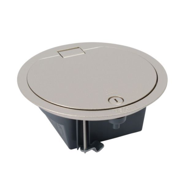 Boîte de sol avec couvercle sur charnière permet l'accès et connexion aux prises électriques, audio-vidéo et VDI