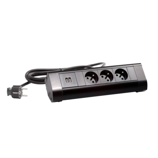 Bloc bureau équipé de 3 prises de courant 2P+T Française et 1 chargeur double USB - cordon 3m
