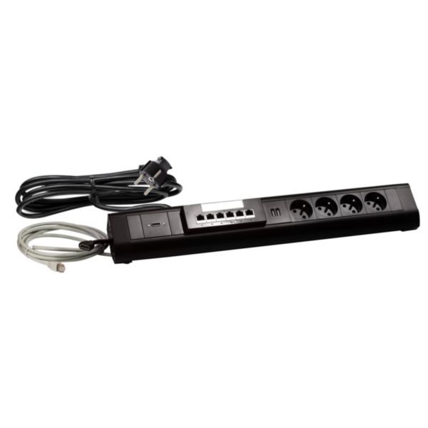 Bloc bureau avec 4 prises de courant 2P+T Fr, 1switch 6ports 10/100baseT non manageable, 1HDMI, 1double chargeur USB
