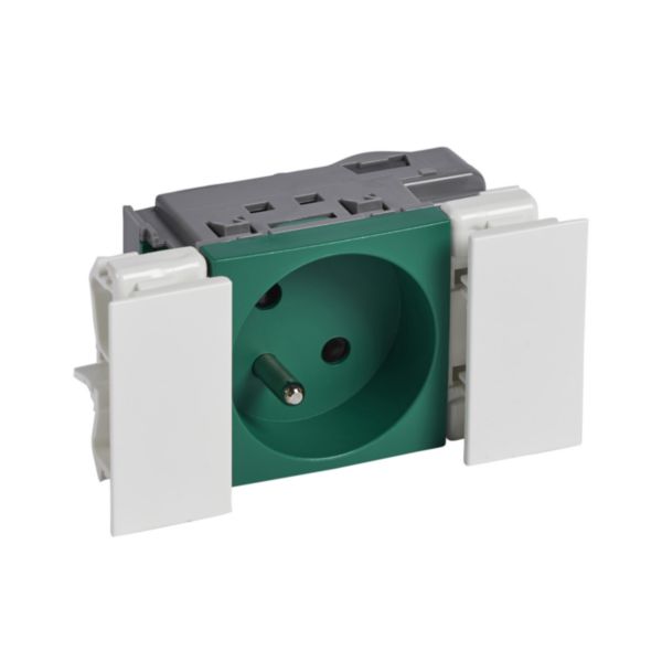 Prise 2P+T Logix - 2 modules - 16A - 250V - Inclinée 45° - Alimentation bloc multiprise - Bornes auto - Normaclips - Vert RAL6016