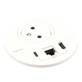 Disq 80 Incara prise 2P+T Surface , chargeur USB Type-A+C , prise RJ45 catégorie6 FTP - cordon 2m avec fiche 2P+T - blanc Ø80mm 