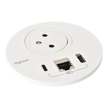 Disq 80 Incara prise 2P+T Surface , chargeur USB Type-A+C , RJ45 catégorie6 FTP cordon 0,5m Wieland - blanc Ø80mm