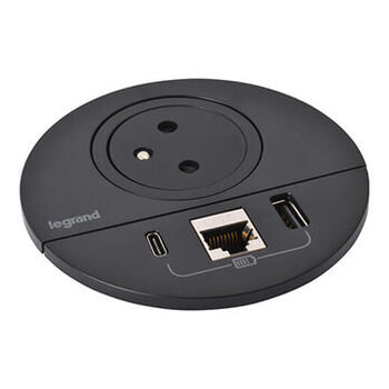 Disq 80 Incara prise 2P+T Surface , chargeur USB Type-A+C , RJ45 catégorie6 FTP cordon 2m avec fiche 2P+T - noir Ø80mm