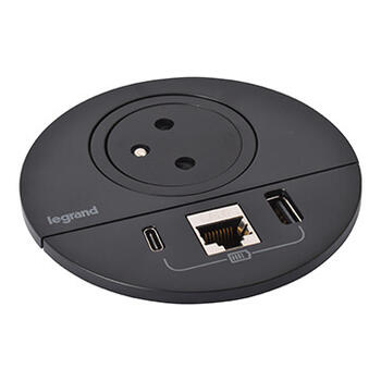 Disq 80 Incara prise 2P+T Surface , chargeur USB Type-A+C , RJ45 catégorie6 FTP cordon 0,5m Wieland - noir Ø80mm