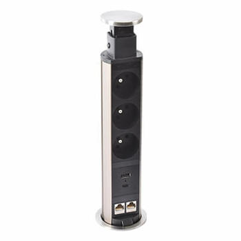 Incara Tower 60 (Ø60mm) avec 3 prises 2P+T, 2 x RJ45, 1 chargeur USB TypeA+C et cordon - à encastrer dans mobilier 