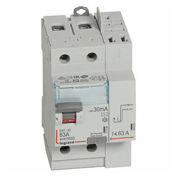 Interrupteur différentiel DX³-ID arrivée haut vis et départ haut automatique - 2P 230V~ 63A typeAC 30mA - 2 modules