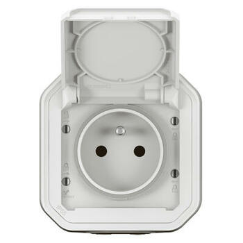 Prise de courant avec terre étanche avec volet Plexo 16A 250V livrée complète pour montage en apparent blanc